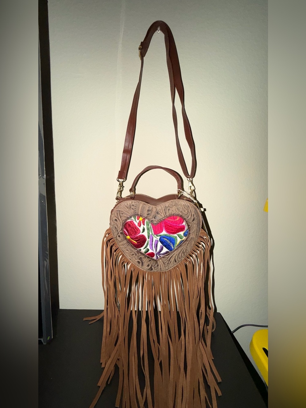 Boho Brown Heart Fringe Crossbody Bag with Colorful Embroidered Center